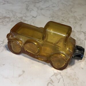 Collectible Car yellow glass bottle with lid, empty antique car after shave